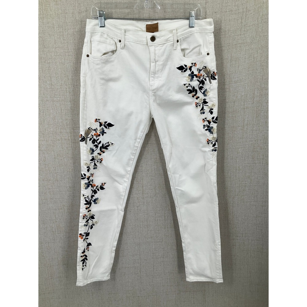 Driftwood Jackie Jeans Womens 32 White‎ Embroidered Floral Bird Boho Classic